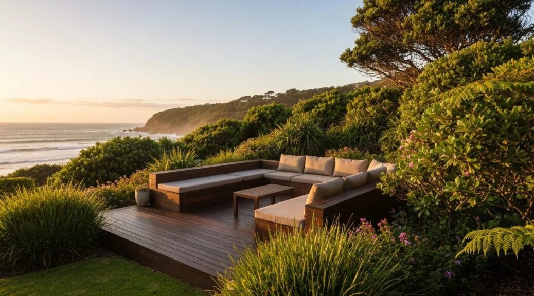 A beautifully restored timber deck in a coastal setting, complete with outdoor furniture and lush greenery