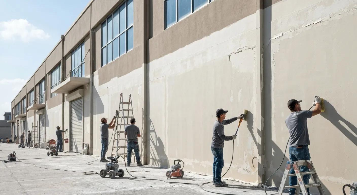 Commercial painters applying a fresh coat of paint to a large exterior wall, using ladders and painting equipment, demonstrating professional surface preparation techniques.