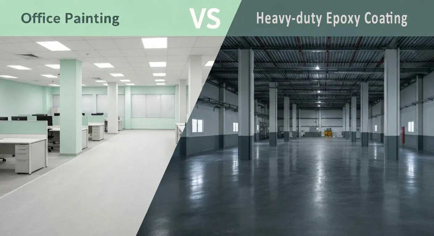 Office painting with low-VOC finishes contrasted against heavy-duty epoxy coating in an industrial setting, highlighting differences in application and functionality for commercial spaces.