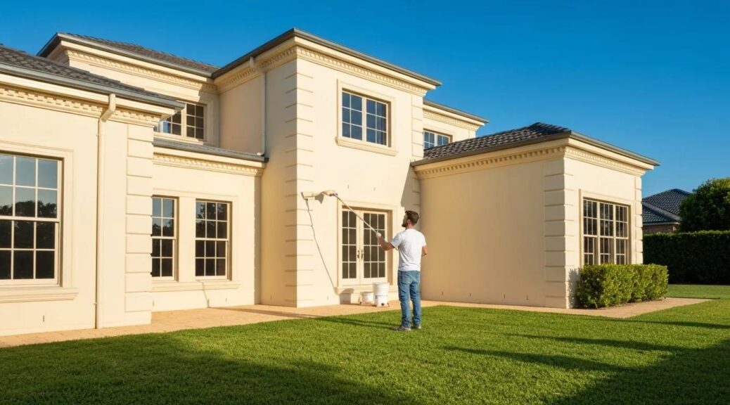Professional painter applying fresh paint to a Varsity Lakes home exterior