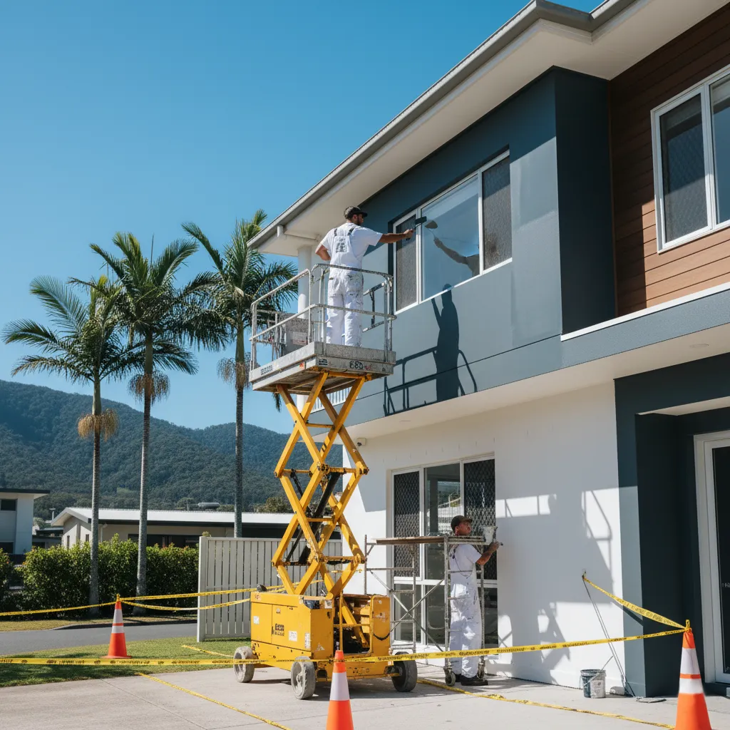Two painters working on a residential exterior, one on a scissor lift applying paint to a wall, the other using a ladder, surrounded by palm trees and construction cones, highlighting professional painting services by Premiere Painters.
