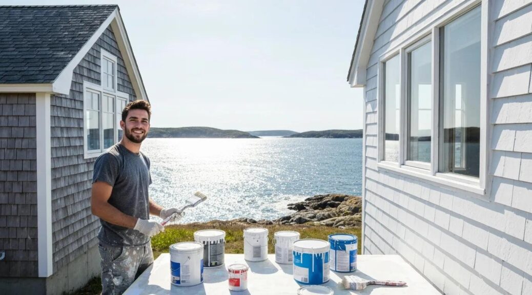 Professional house painter applying fresh paint to a coastal home in Labrador