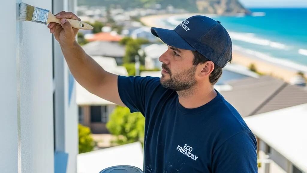 Professional painter applying eco-friendly paint to a residential property with ocean view on the Gold Coast, showcasing sustainable painting practices.