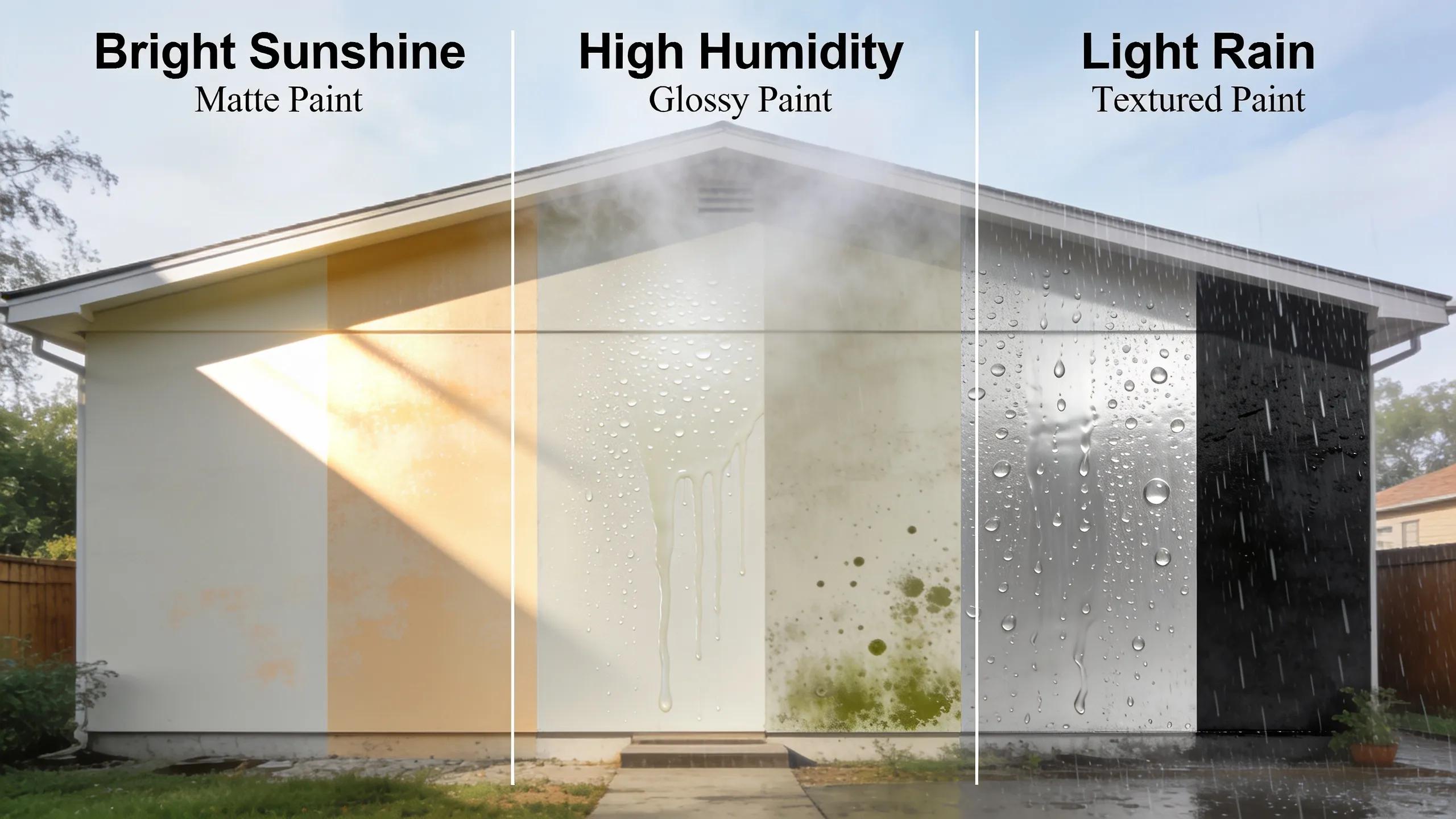 Illustration of varying weather conditions affecting exterior paint, including sun, humidity, and rain in Brisbane.