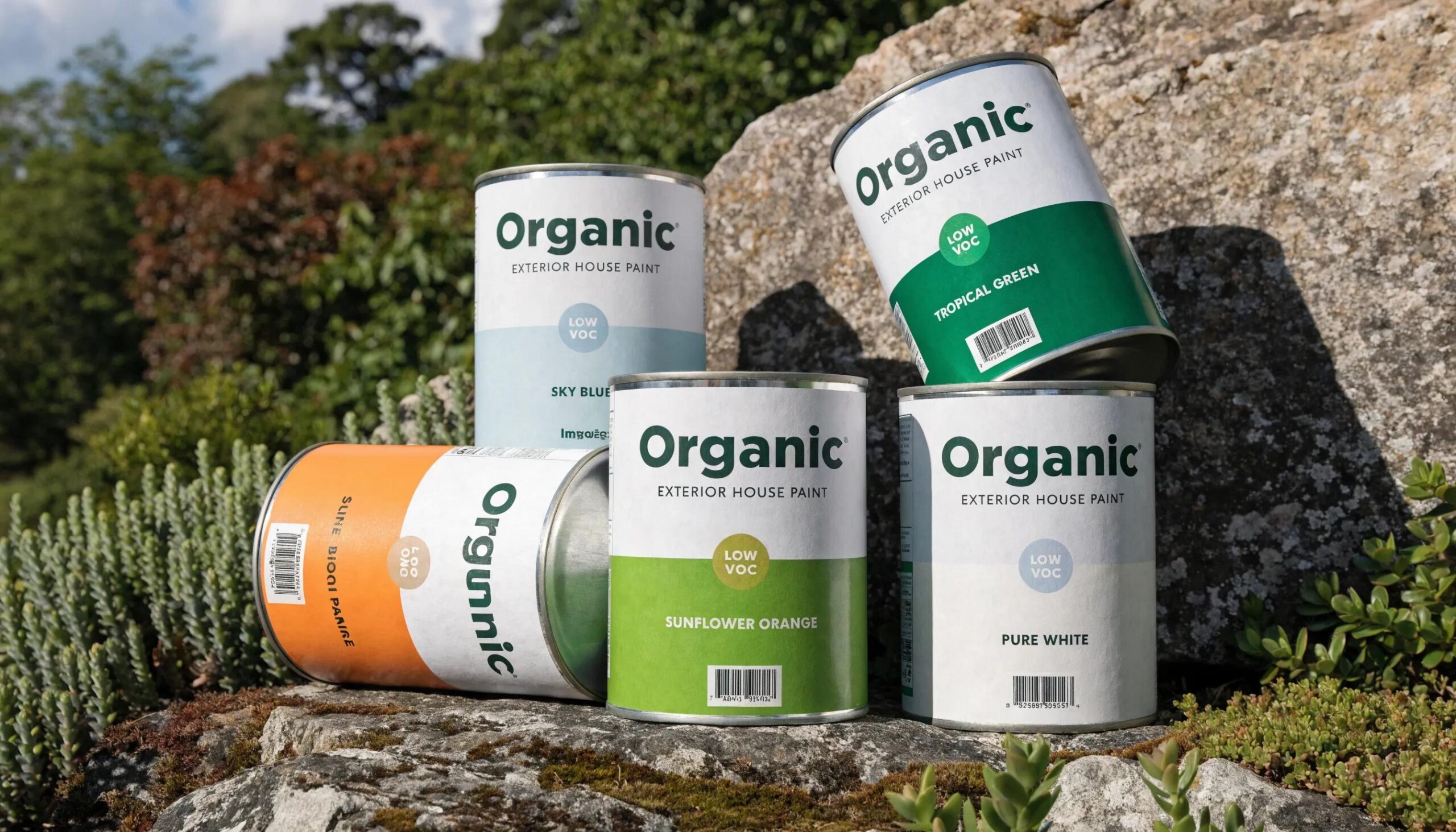 Display of eco-friendly exterior paint cans with low VOC labels surrounded by green plants, symbolizing sustainability.